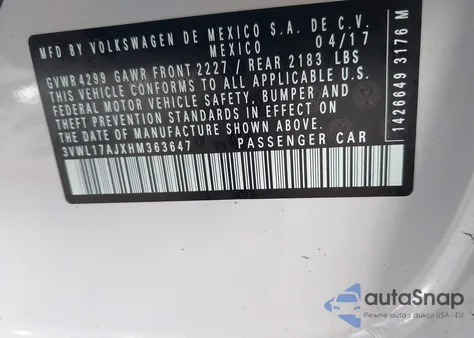 2017 Volkswagen Jetta 1.8T Sel/1.8T Sel Premium из США, поврежденный, VIN 3VWL17AJXHM363647